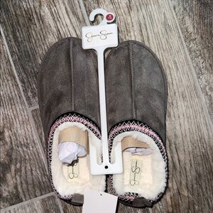 Jessica Simpson Gray Faux-Suede Slip-On Slippers with Pink Trim 7/8